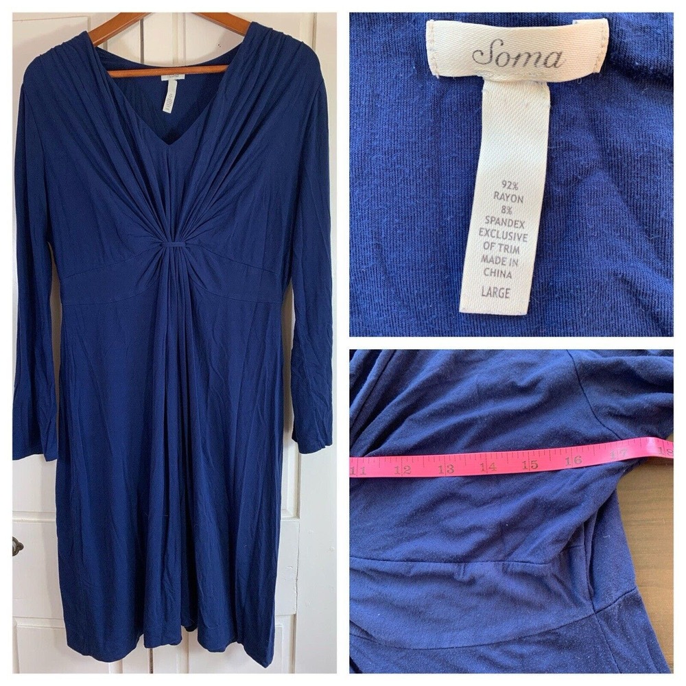 Soma‎ Dress Women's Large Blue Gathered Waist Comfy Stretch Flattering Office
